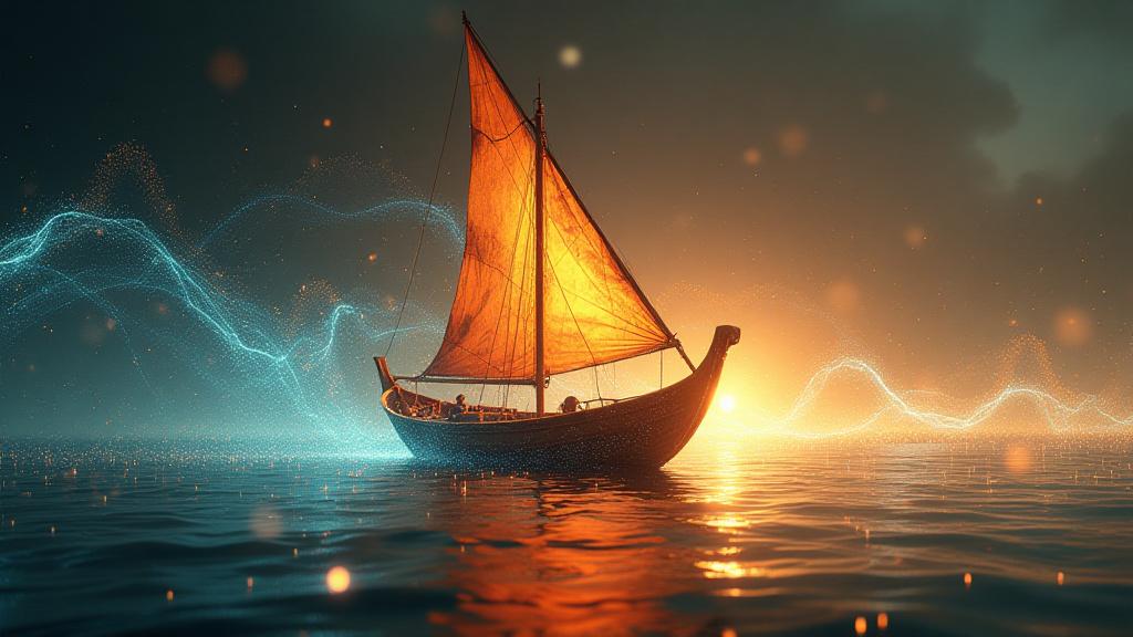 Paglalakbay ng isang balangay na may kasamang digital art elements, sumisimbolo sa pag-uugnay ng tradisyon at modernong teknolohiya.