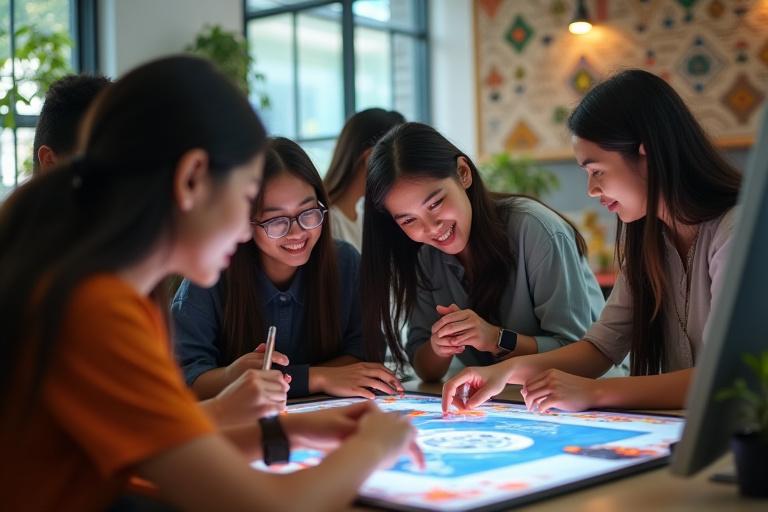 Isang larawan ng mga estudyanteng nagtutulungan sa isang digital art project